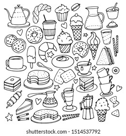 Coffee time doodles hand drawn sketchy vector symbols and objects. Images for confectionery or coffee shop