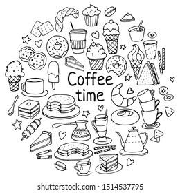 Coffee time doodles hand drawn sketchy vector symbols and objects. Images for confectionery or coffee shop