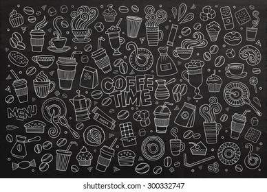 Coffee time doodles hand drawn chalkboard vector symbols and objects