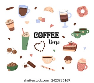 Juego de vectores de doodles de tiempo de café. Bebidas frescas y productos dulces. Ilustraciones simples a mano. Diferentes bebidas de café capuchino, espresso, frappe y mocha. Pastel, croissant, donut.