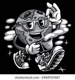 Coffee Time Earth Retro Cartoon Black and White Illustration