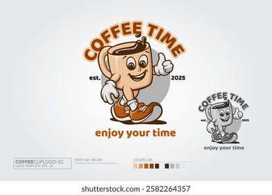 Coffee Time and enjoy your time Vector logo Illustration. Coffee to go cartoon logo with coffee cup mascot. This Logo design for your business, creative industries, corporate and other.