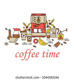 Coffee time flat line collection drink decorative banner. Modern icons for coffee shop and coffee house. Colorful template for for your design, prints and illustrations. Flat style Vector