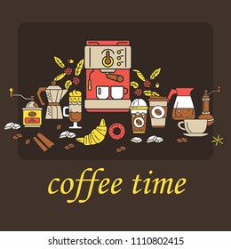 Coffee time flat line collection drink decorative banner. Modern icons for coffee shop and coffee house. Colorful template for for your design, prints and illustrations. Flat style Vector