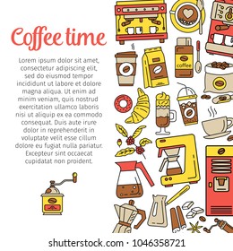 Coffee Time. Flat line icons for coffee shop. Modern poster with coffee background. Coffee pot, cup, grinder, beans, stains and dessert. Colorful template for your design. Vector illustration.