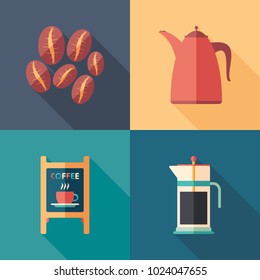 Coffee time flat square icons set.
