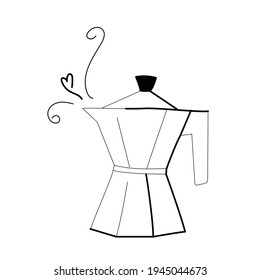 Coffee time. Fresh hot coffee in a geyser coffee maker. Black and white vector hand drawn illustration. Line art. Line drawing. Coffee love, heart