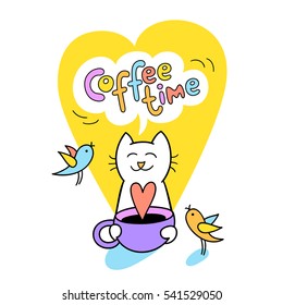 Coffee time. Funny cat holds a cup of coffee. Vector illustration. Cute character design and graphic elements. Cartoon hand drawn style. Perfect for greeting cards, stickers, posters.