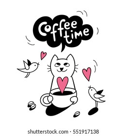 Coffee time. Funny cat holds a cup of coffee. Vector illustration. Cute character design and graphic elements. Cartoon hand drawn style. Perfect for greeting cards, stickers, posters.