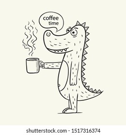 Coffee time. Funny dragon holding a cup of coffee. Black and white sketch vector illustration.