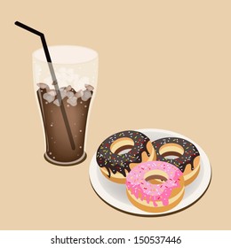 Coffee Time, A Glass of Iced Coffee or Cola Served With Delicious Sweet Donuts, Chocolate and Strawberry Toppings 