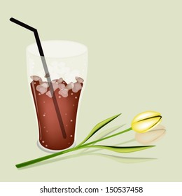 Coffee Time, A Glass of Iced Coffee or Cola with A Beautiful Yellow Tulip Served as A Beverage With Cream or Milk on Retro Blue Background 