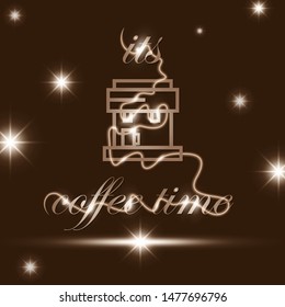 Coffee time glowing text with coffee machine illustration