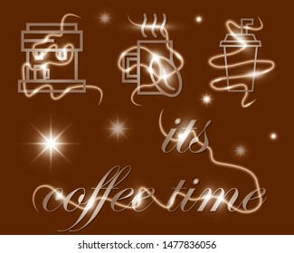Coffee time glowing text with coffee machine and glass illustration