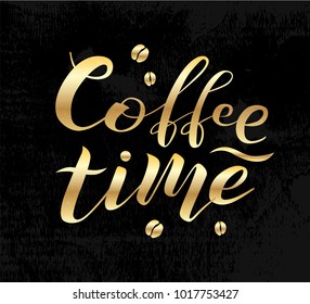 Coffee time golden lettering text on black background with coffee beans, vector illustration. Coffee time calligraphy for logo, invitation, menu and postcards. Coffee time calligraphy vector design.