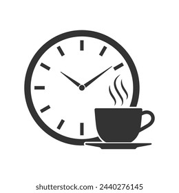 Coffee time graphic icon. Cup of hot coffee and clock sign isolated on white background. Vector illustration