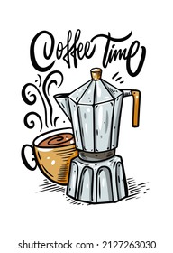 Coffee time hand drawn colorful vector illustration. Coffee pot and cup with steam.