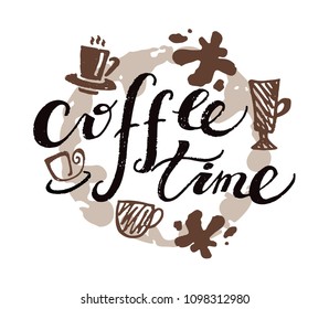 Coffee time - hand drawn doodle letterinf poster