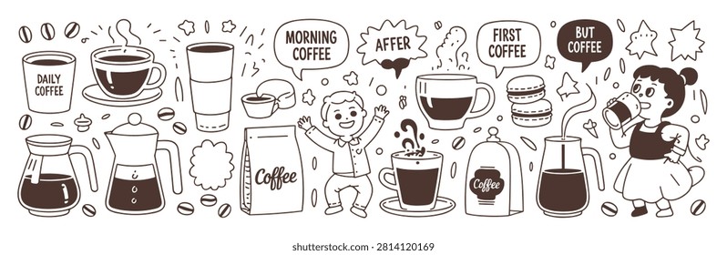 Coffee time hand drawn doodle collection for cafe design with beverage illustration espresso breakfast caffeine collection steaming lifestyle