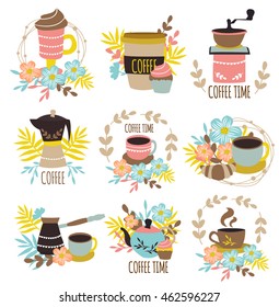 Coffee time hand drawn emblems with clockery pastel flower compositions grinder croissant cupcake isolated vector illustration 