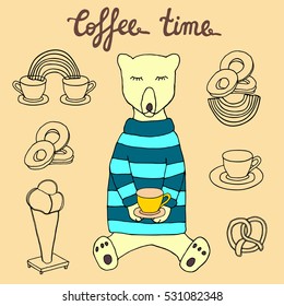 Coffee time hand drawn illustration. A Bear in a pullover with a cup of coffee. Vector sketch