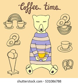 Coffee time hand drawn illustration. A Bear in a pullover with a cup of coffee. Vector sketch