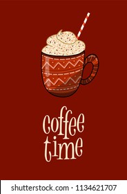 Coffee time hand drawn lettering with coffee cups illustration