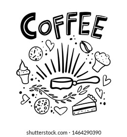 Coffee time hand drawn lettering composition with doodle style elements (cakes, biscuits, donut, cupcakes, cups). Vector illustration for menu, poster design