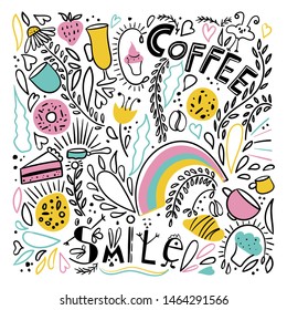 Coffee time hand drawn lettering with colorful doodle style elements (cakes, biscuits, donut, cupcakes, cups). Vector illustration for menu, poster design