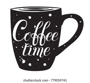 Coffee time hand drawn lettering. Calligraphy isolated on black texture cup with splashes. Perfect for decoration of cafes and restaurants