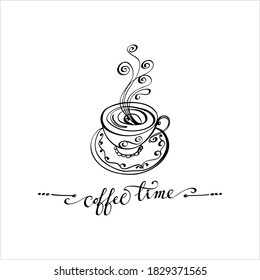 Coffee Time Hand Drawn Pen Ink Style, Coffee Time Word Handwritten Vector Art Illustration