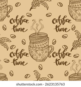 Coffee time. Hand drawn seamless pattern with coffee cups, beans and lettering.
