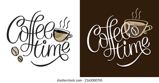 Coffee time - hand drwn doodle lettering label. Coffee pattern background. 