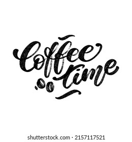 Palabras escritas a mano en tiempo de café con granos de café para ir a una taza con paja. El concepto gráfico del café que deja caer.