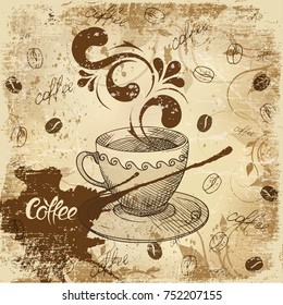 Coffee time. Hand-drawn vector artistic illustration for design, textile, prints. Cup of coffee, cake and lettering