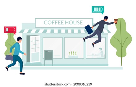 Coffee time. Happy office people running to coffee shop, flat vector illustration. Businessman, employee cartoon characters taking break.