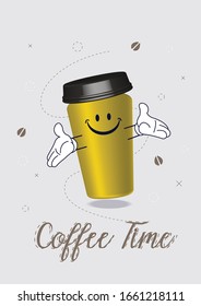 Coffee Time - Happy smiling energetic coffee paper cup shiny can hugging open arms - yellow and brown background, isolated - Vector Illustration