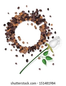 Coffee Time, High Angel View of Coffee Stains Made From Roasted Coffee Bean with A Beautiful Rose Served as A Beverage With Cream or Milk 
