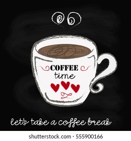 "Coffee Time" Hipster stylized lettering. vector signs on black cup with decorative elements. a poster with the phrase, printing, card image with the inscription. Design for t-shirts and prints