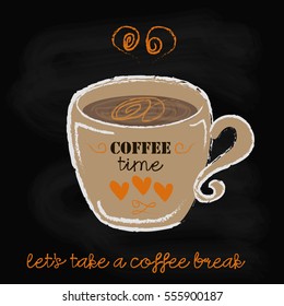 "Coffee Time" Hipster stylized lettering. vector signs on black cup with decorative elements. a poster with the phrase, printing, card image with the inscription. Design for t-shirts and prints