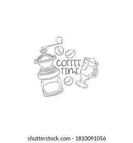 Coffee time. Hot drinks cup. Coffee grinder Coffee beans. Lettering poster. Isolated vector object of white background. 