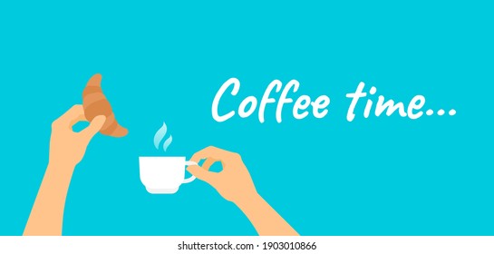 café tiempo de mano humana taza de sujeción y croissant ilustración vectorial