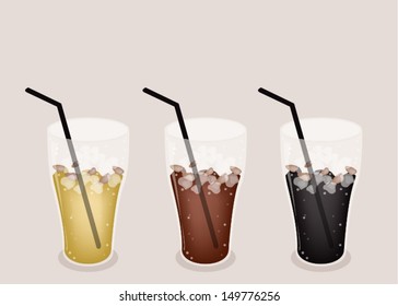 Coffee Time, Iced Coffee, Iced Tea and Cola on Retro Light Brown Background with Copy Space for Text Decorated  