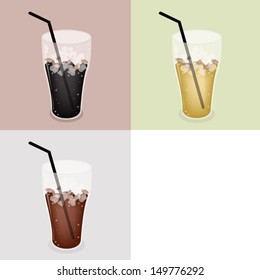 Coffee Time, Iced Coffee, Iced Tea and Cola on Retro Light Brown Background with White Copy Space for Text Decorated  
