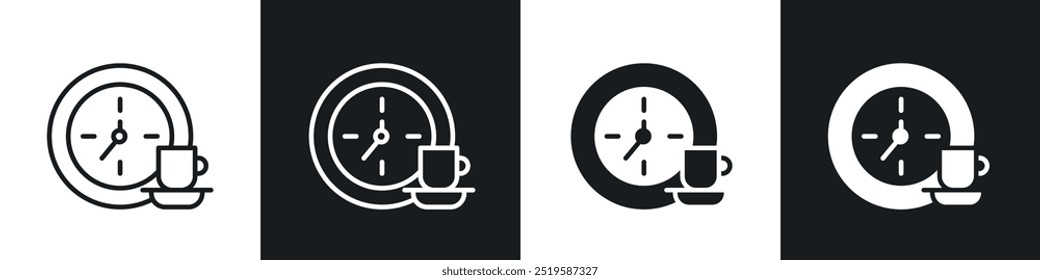 Coffee time icon collection in black and white filled and stroke line style.