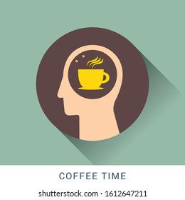 Coffee time icon concept with hot coffee mug in the drawing of human brain