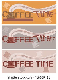 Coffee time icon.
Multicolor graphic image of text writing, study design options.