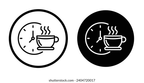 Coffee time icon set. Tea time clock vector symbol. Breakfast tea background logo symbol in black filled and outlined style.