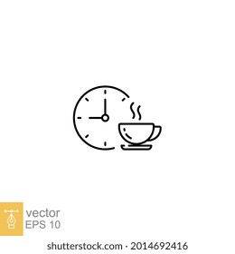 Coffee time icon, tea time. Hot coffee cup and time symbol for take a break or short rest period. Morning breakfast beverage. Editable stroke vector illustration. Design on white background. EPS 10