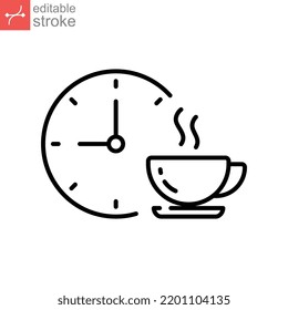 Coffee time icon, tea time. Hot coffee cup and time symbol for take a break or short rest period. Morning breakfast beverage. Editable stroke vector illustration. Design on white background. EPS 10
